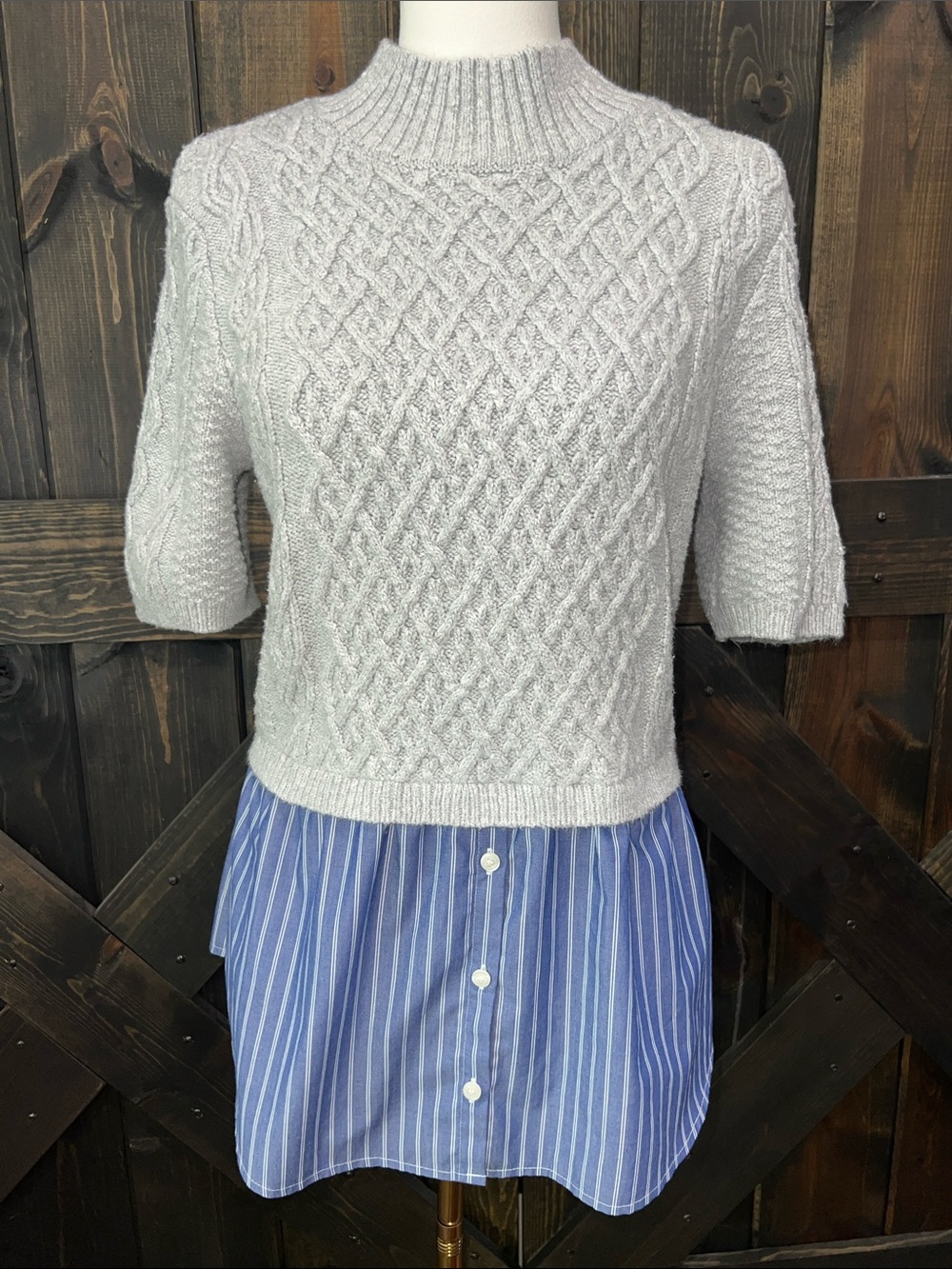 Anthropologie Maeve Twofer Sweater XL Grey Blue Layered Cable Knit Short Sleeve